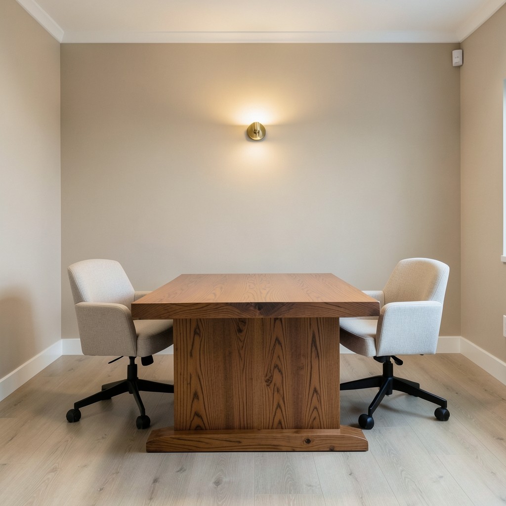 Sala de reuniones preparada para un acto de conciliación laboral